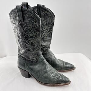 Vtg Dan Post Lizard Boots Sz 8 M Green Black Western Tear Distressed Festival